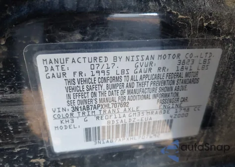 2017 Nissan Sentra Sv z USA, uszkodzony, nr VIN 3N1AB7APXHL707692